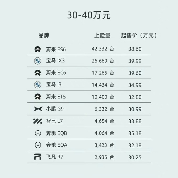 2022 年 30 万-40 万区纯电动车上险量排名图源：网络