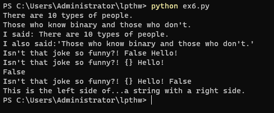 笨办法学Python3 习题6 字符串和文本