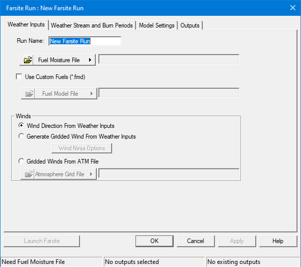 Weather Inputs tab in the Farsite Run dialog.