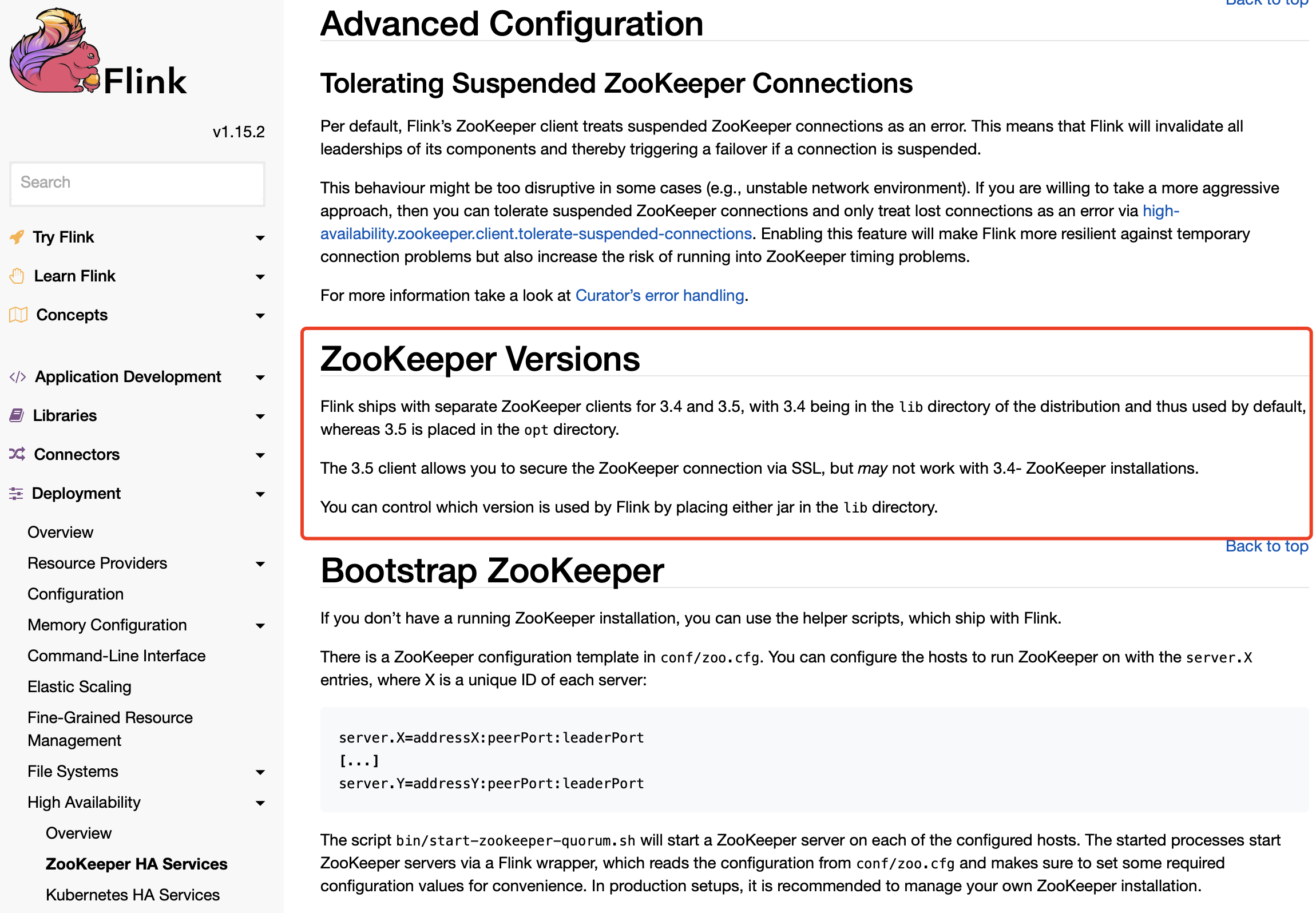 Flink1.15仅支持ZooKeeper3.5/3.6