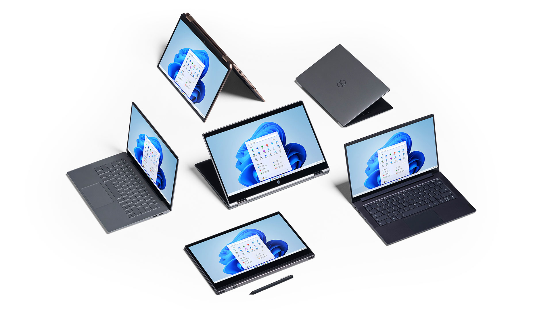 6 台 Windows 11 电脑排列在一起