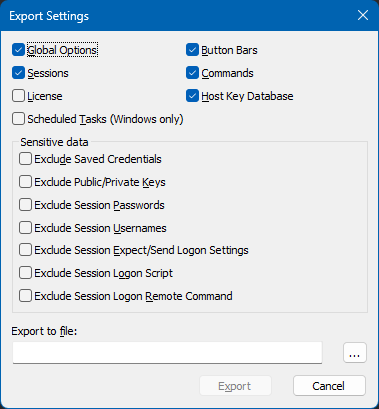 Screenshot of Export Settings options