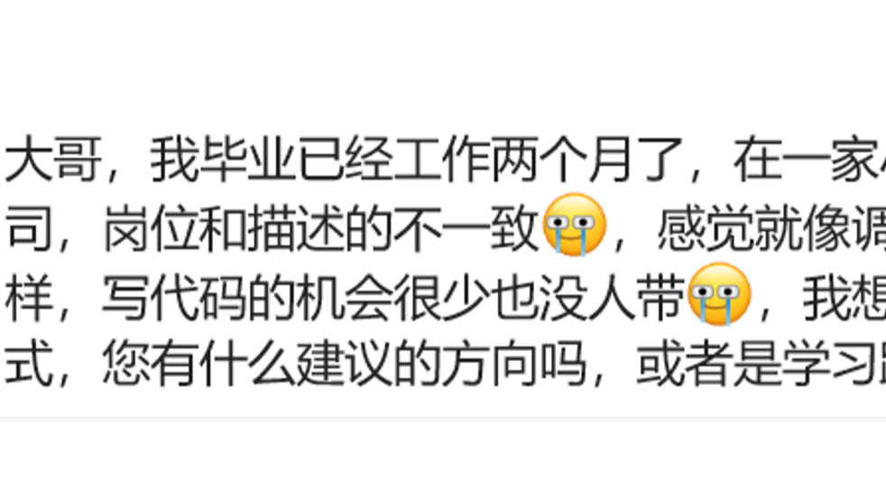 粉丝提问：岗位与描述不一致，小公司感觉学不到东西，工作内容就是调试，想辞职