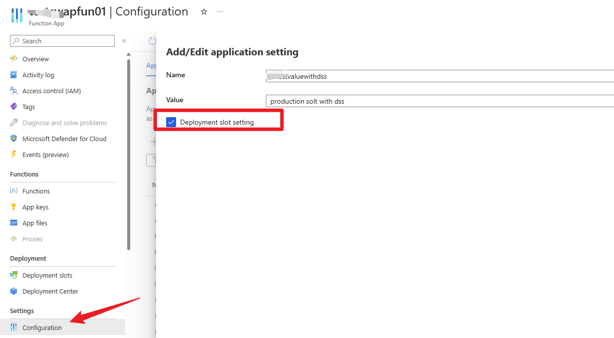 【Azure 应用服务】Azure Function 部署槽交换时，一不小心把预生产槽上的配置参数交换到生产槽上，引发生产错误