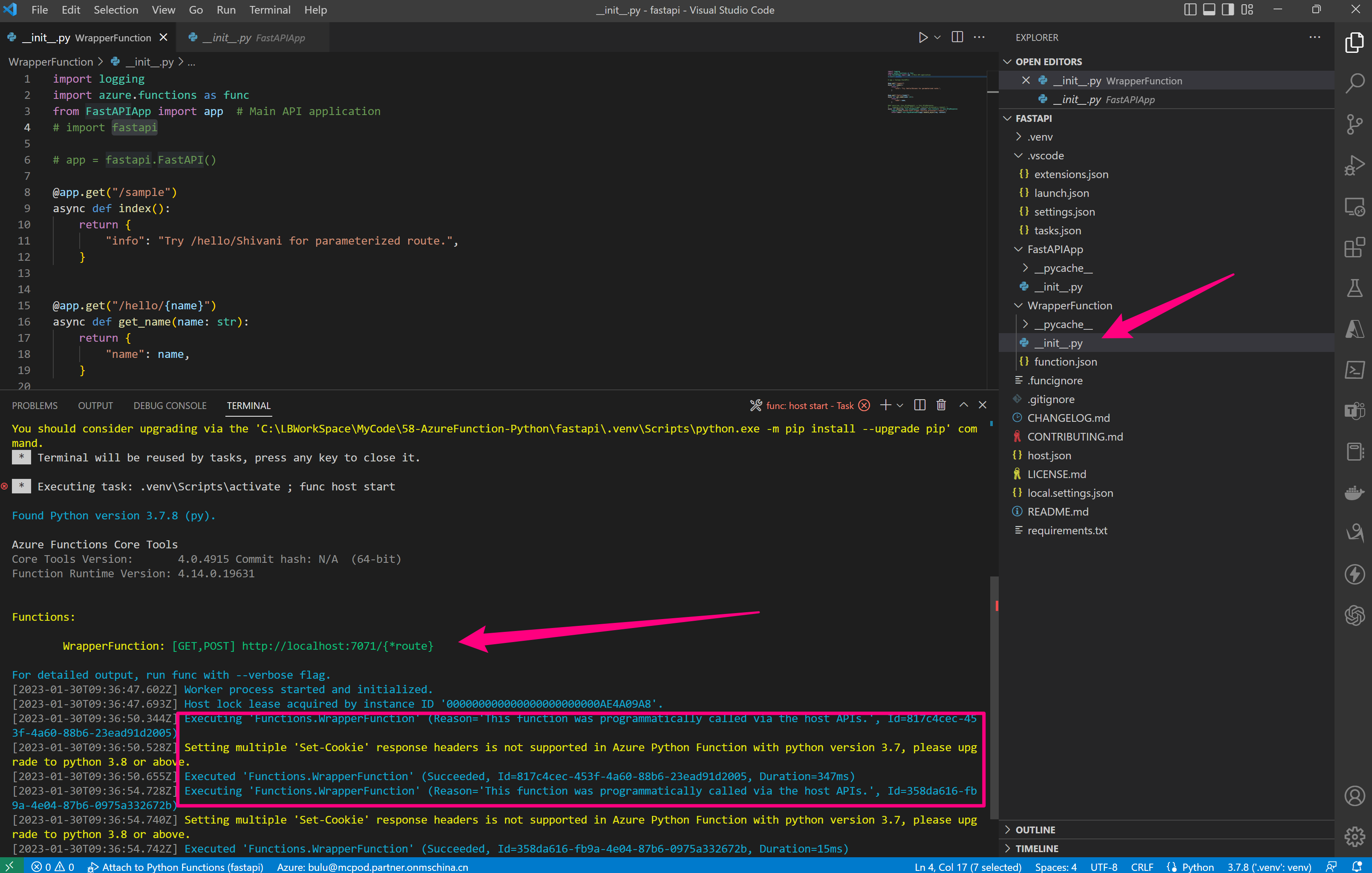 【Azure 应用服务】Python fastapi Function在Azure中遇见AttributeError异常（AttributeError: ‘AsgiMiddleware’ object has no attribute ‘handle_async’）