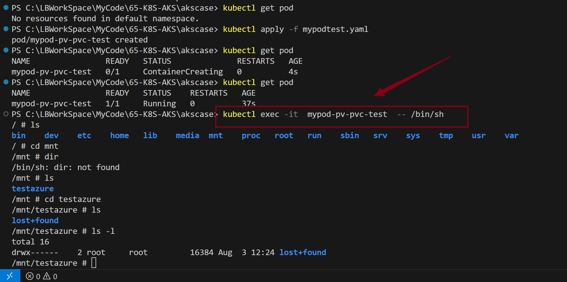 【Azure K8S|AKS】进入AKS的POD中查看文件，例如PVC Volume Mounts使用情况