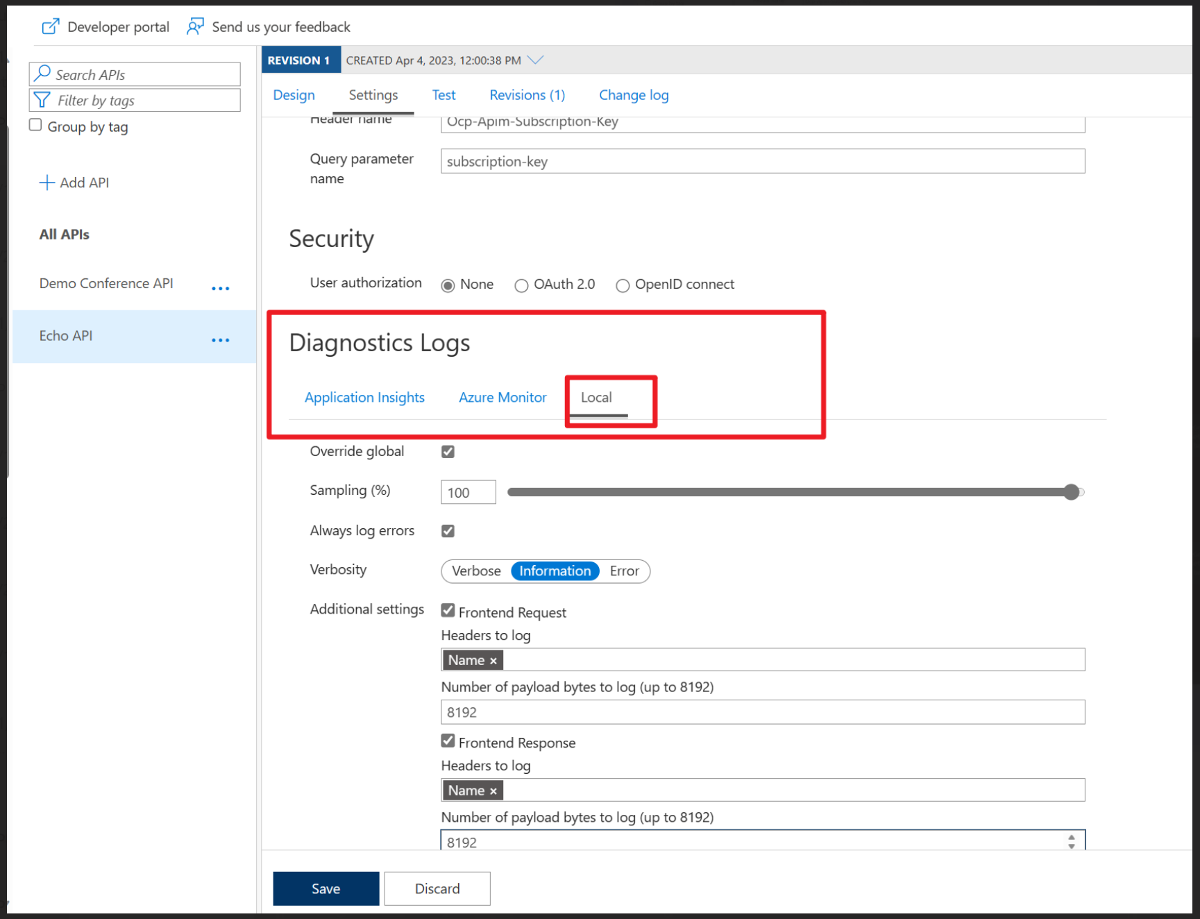 【Azure APIM】APIM Self-Hosted网关中，添加网关日志以记录请求头信息(Request Header / Response Header)