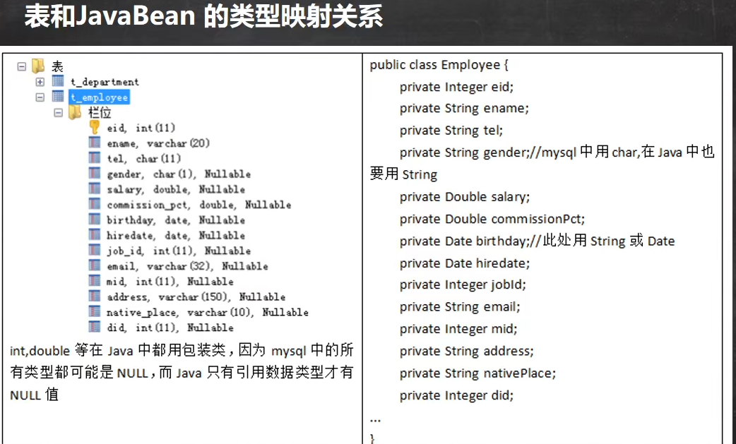 表字段和JavaBean的类型映射关系