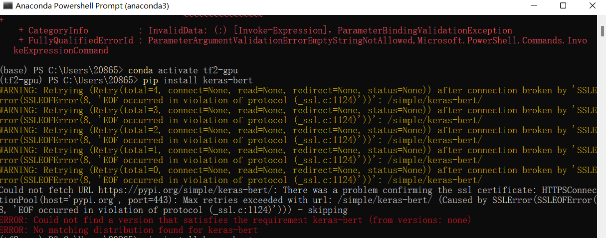 Could not fetch URL https://pypi org/simple/keras bert/: There was a