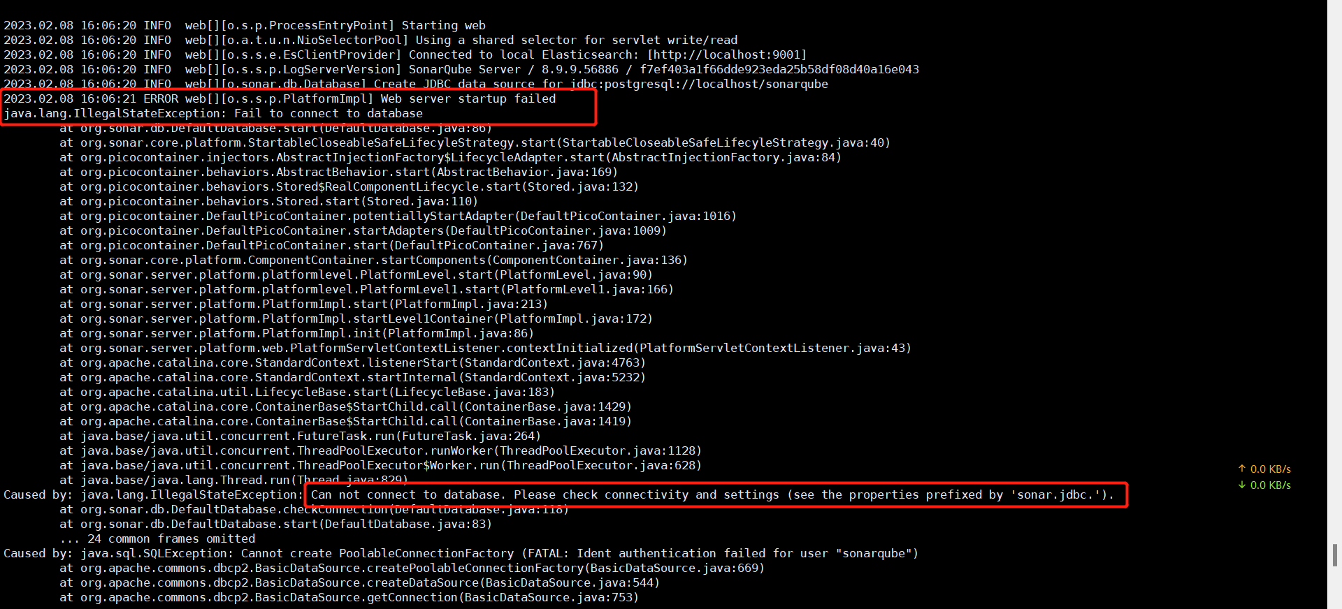 Sonarqube fail to connect to database 