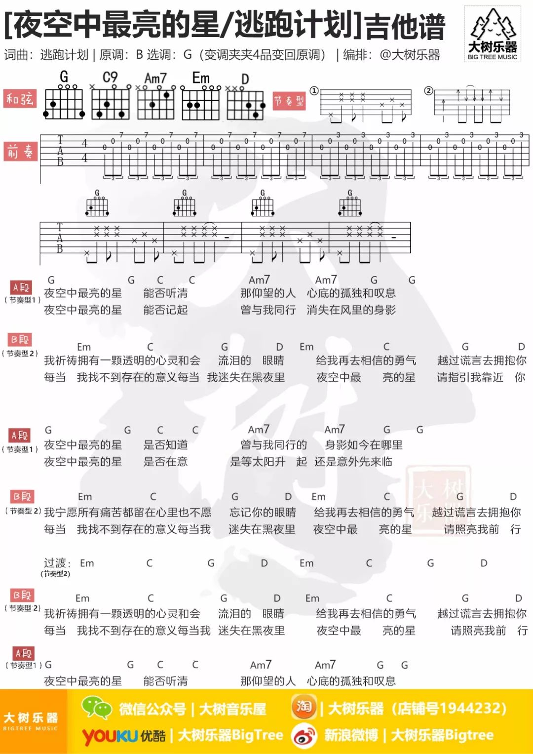 《夜空中最亮的星》吉他谱及教学视频 乐事吉他 - 吉他谱 - 吉他之家