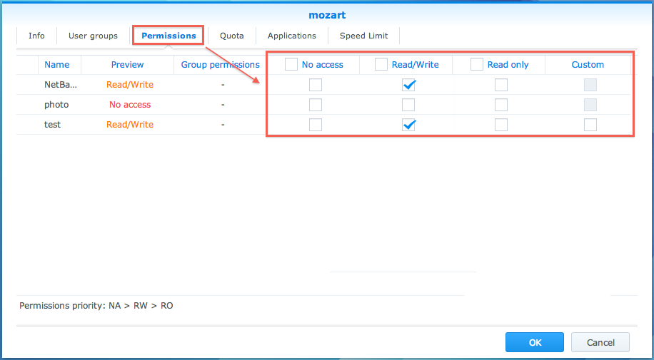 群晖 Synology 编辑用户详细权限