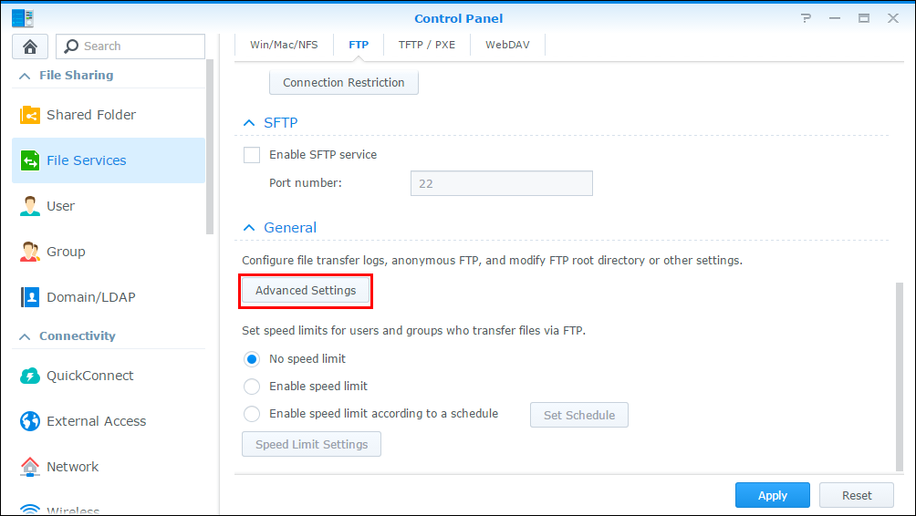 群晖 Synology FTP高级设置