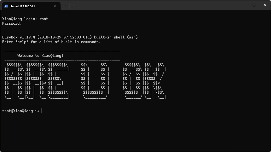 telnet 成功连接小米路由器示意图