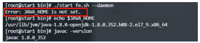 Doris启动FE时报错：JAVA_HOME tset