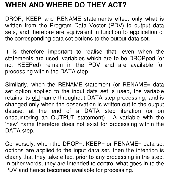 When and where do DROP, KEEP, and RENAME act?