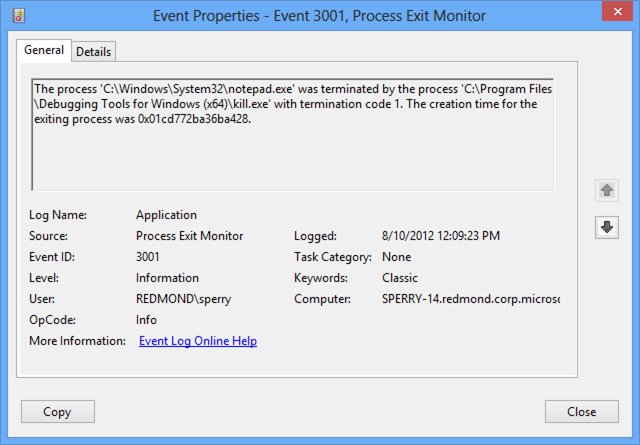 event properties dialog box showing general tab displaying the source as process exit monitor.