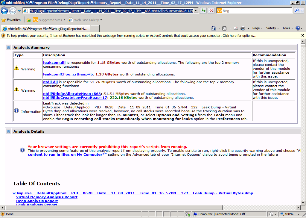 Screenshot of a Debug Diag analysis report.