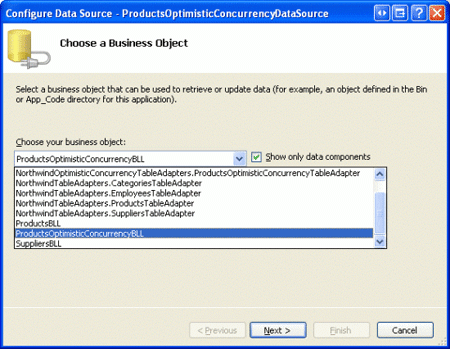 让 ObjectDataSource 使用 ProductsOptimisticConcurrencyBLL 对象