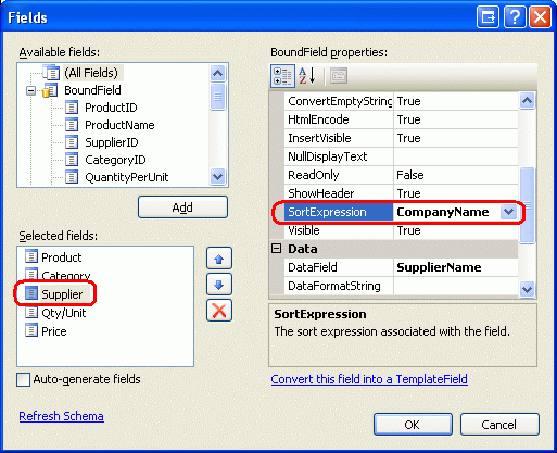 将 SupplierName BoundField s SortExpression 更改为 CompanyName