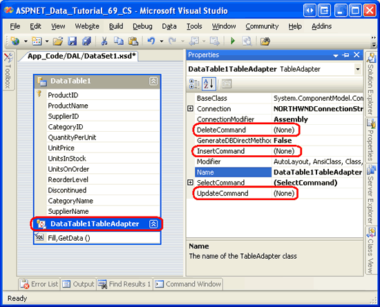 InsertCommand、UpdateCommand 和 DeleteCommand 属性设置为 (无) 