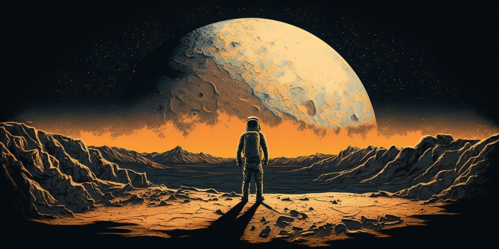 The astronaut standing on the surface of the moon sees the earth rising over the sun, in panoramic view, Screen printing style. --ar 2:1 via Midjounery