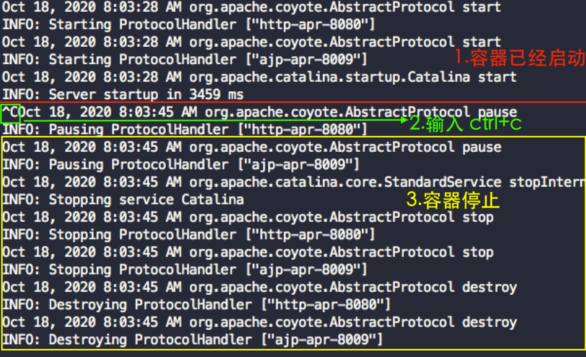 在前台日志使用用ctrl+C:直接容器也退出