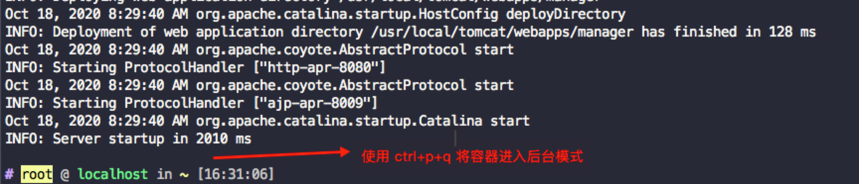 在前台日志使用ctrl+p+q:容器进入后台模式