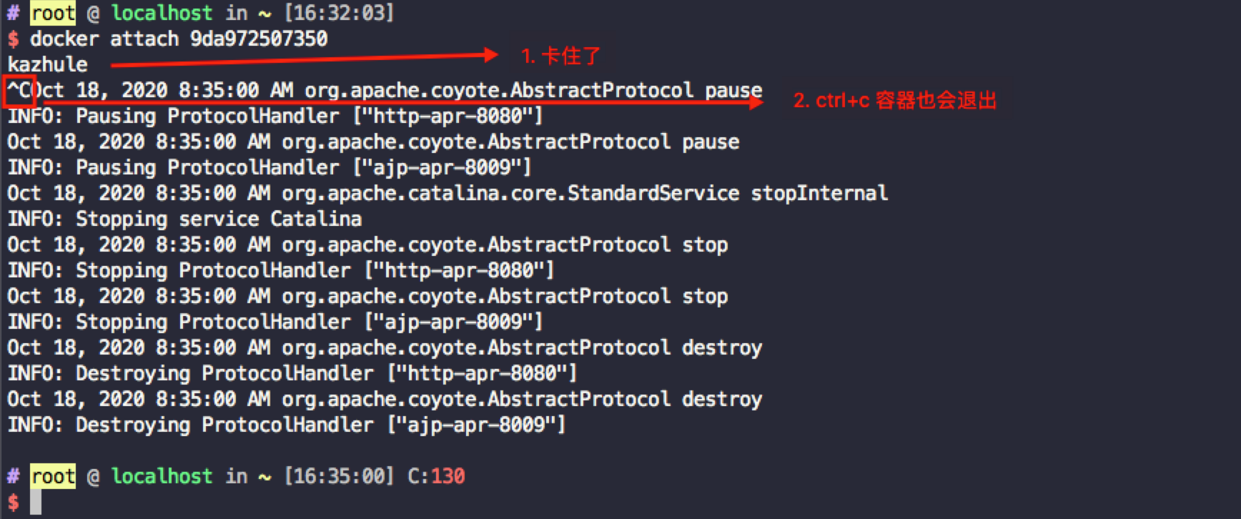 使用docker attach 9da972507350接入容器终端卡住