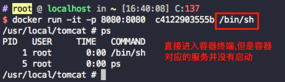 docker run -it 镜像id /bin/bash:自动进入 docker 终端,但是不启动镜像对应的服务,我们需要在docker 终端中手动启动该服务,比较麻烦,但是可以在以后通过attach和exec来重新接入容器的终端