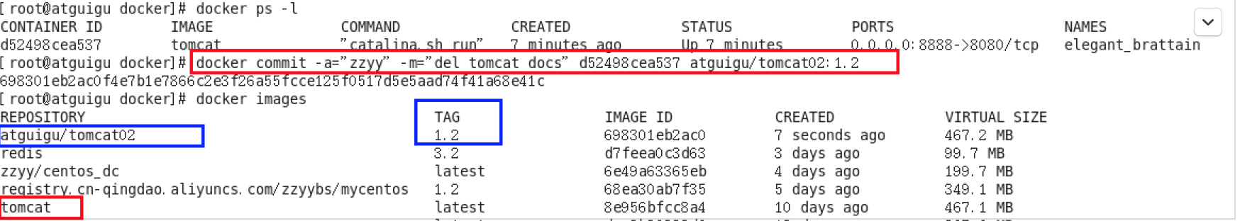 也即当前的tomcat运行实例是一个没有文档内容的容器，以它为模板commit一个没有doc的tomcat新镜像atguigu/tomcat02