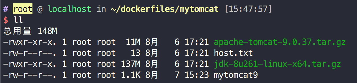 在/root/dockerfiles/mytomcat目录下,创建mytomcat9文件,内容如下